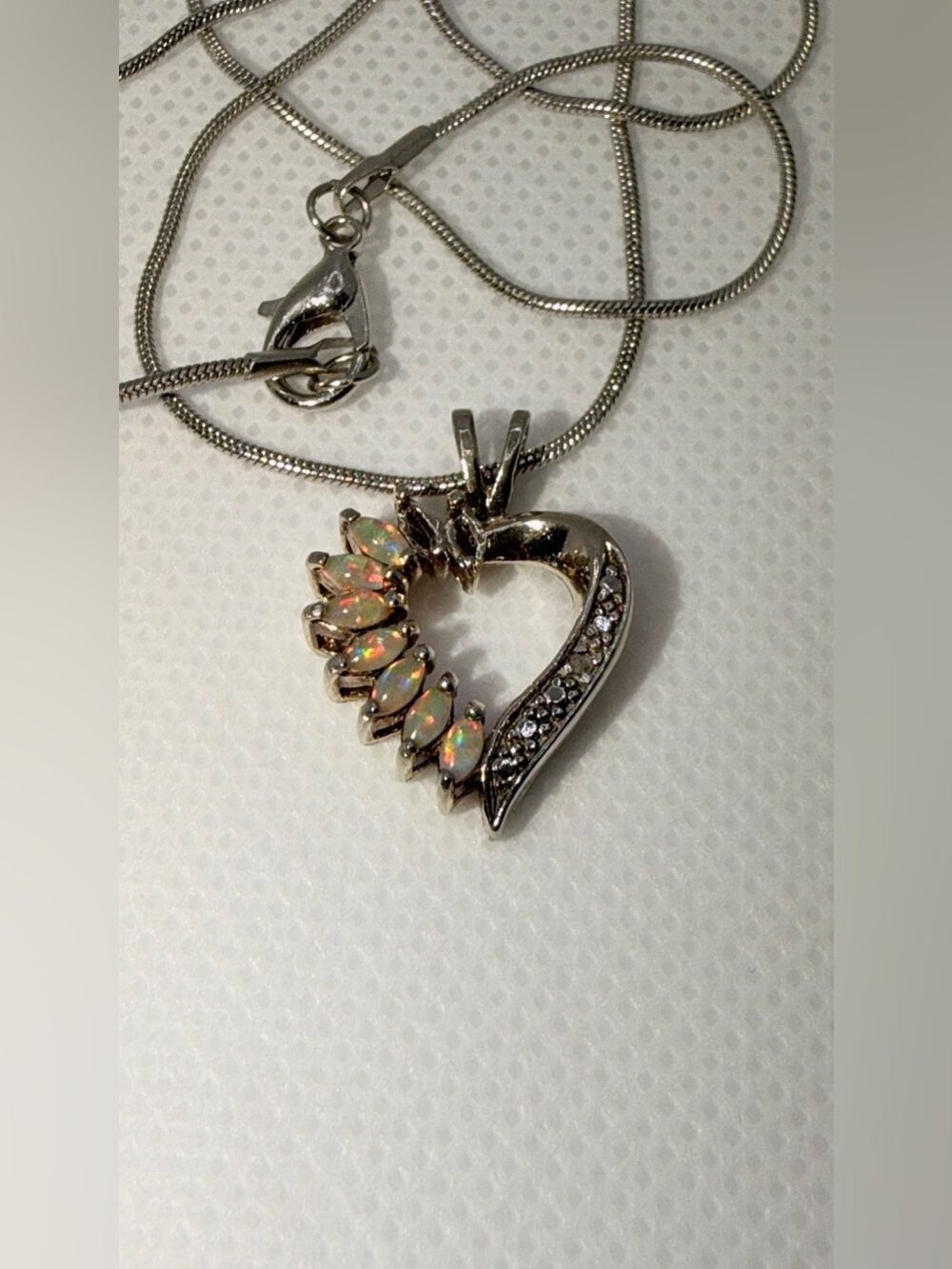 Silver Heart Opal Pendant Necklace - White Opal Accent